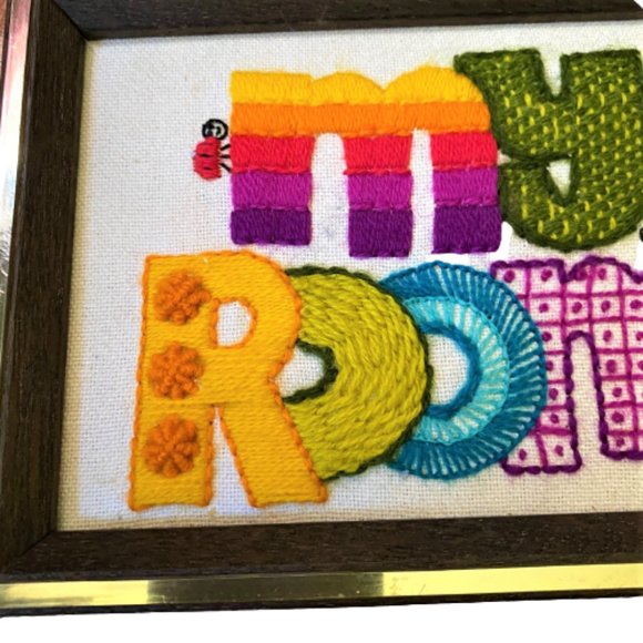 2/$30 Vintage Handmade embroidered framed sign wall/door hanging ladybugs - Picture 11 of 12